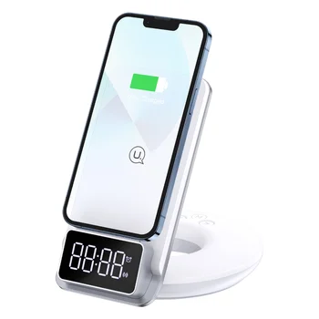 USAMS naujų mobiliojo telefono stovas 15W Magnetinio Belaidis Kroviklis Skaitmeninis Laikrodis-Žadintuvas Su nakties LED touch Lempos Šviesa