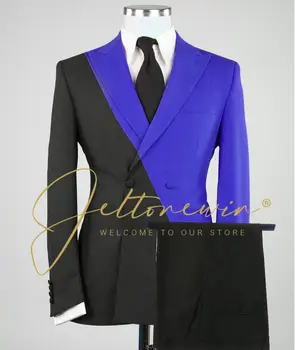 2022 Mados Dvigubo Breasted Slim Fit Black Royal Blue Vyrų Kostiumas Formalaus 2 Gabalas Individualius Vyrų Kostiumas Jaunikis Vestuvių Smokingas