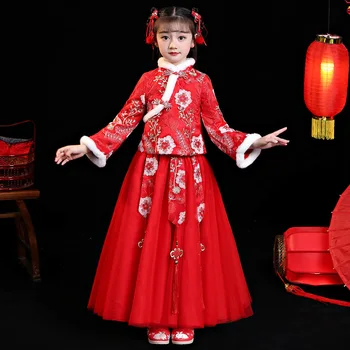 3 Spalvų Mergaičių Hanfu Suknelė Kinų Stiliaus Vilnos-liniuotas Tango Kostiumas Cheongsam Stiliaus Kutas Priedai Naujųjų Metų Žiemos Kostiumas