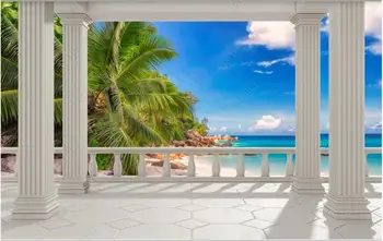 3d tapetai su pasirinktinius nuotraukų freskos Europos stiliaus balkonas paplūdimio kokoso medžio sea view dekoro 3d foto tapetai ant sienos