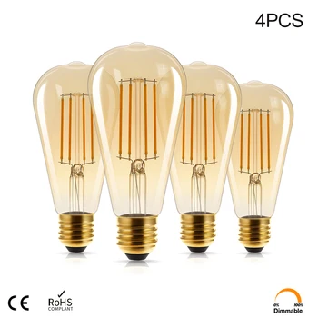 4PCS Retro Edisonas, Kaitinamosios Lemputės ST64 4W E27 6W Derliaus Lempos šviesos srautą galima reguliuoti 2200k Gintaro spalvos Stiklo Lempa Ampulä-Pakeisti Kaitinamąsias Šviesos