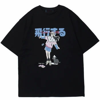 Animacinių filmų Girl Katė Japonų Kanji Print T Shirt, Derliaus punk negabaritinių marškinėliai Street drabužių Hip-Hop Y2K drabužius Gotikos viršų