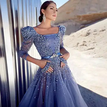 Elegantiška Mėlynos Vakaro Suknelės Moterims Prabanga 2023 Dubajus Duobute Kristalų Šalis Suknelė Aikštėje Apykaklė Su Diržo Oficialų Prom Chalatai