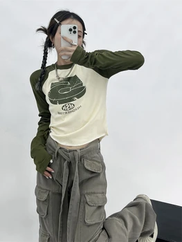 HOUZHOU Derliaus Y2K Kratinys Žalia Tshirts Moterų Hipių Streetwear Long Sleeve T Marškinėliai Moteriška Kpop Retro Rudenį Apkarpyti Viršūnes