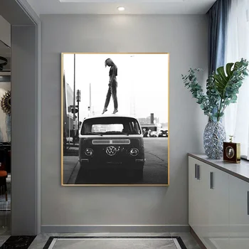 Juoda ir Balta Retro plakato automobilių mados mergaitė gatvės meno tapybos retro senų nuotraukų, drobė, tapyba kambarį kambarį apdaila