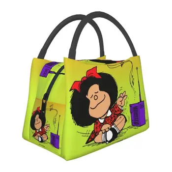 Kawaii Mafalda Mėgautis Muzika Izoliuoti Pietūs Krepšiai Moterų Quino Komiksų, Animacinių filmų Resuable Aušintuvas Šiluminis Maisto Priešpiečių Dėžutė Darbas, Kelionės