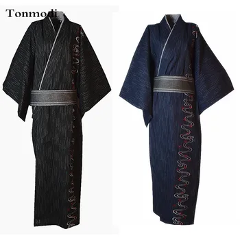Kimono Skraiste Men100% Medvilnės Audinio Dygsnio Japonų Stiliaus Pižama, Chalatas Ilgas Nightdress Dizaino Išsiuvinėti
