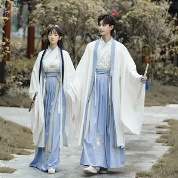 Kinų stiliaus pavasario vasaros moterų Hanfu vyrų antikvariniai mėlyna violetinė antikvariniai pora išsiuvinėti dideli rankovėmis rinkinys