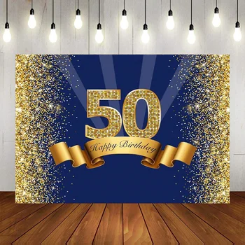 Laimingas 50-ojo Gimtadienio Fotografijos Fonas Tamsiai Mėlyna Blizgučiai Aukso Fone Blizga Suaugusių Vyrų Penkiasdešimt Metų Dekoras Reklama