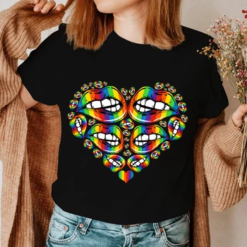 LGBT Moterų Viršūnių O-kaklo Tees Vaivorykštė Širdį, Lūpas, Juokingi marškinėliai Vasaros Moterų Tshirts Drabužių Minkšti Marškinėliai Grafinis Streetwear