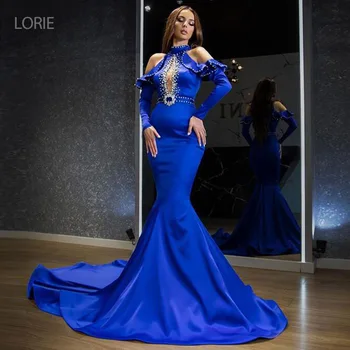 LORIE arabų Vakaro Suknelės 2021 Apynasrio ilgomis Rankovėmis Satino Zawalcowany Undinė Prom Chalatai Elegantiškas Royal Blue Garsenybių Suknelės, Šaliai