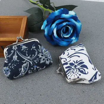 Mados Mėlynos ir Baltos spalvos Porceliano Gėlių Hasp Moterų Mergina Kortelės Turėtojas Mažos Piniginės Monetų Piniginės Sankabos Krepšys