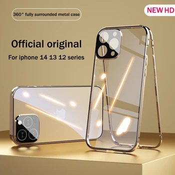 Magnetinės Metalo Flip Case for iPhone 15 14 13 12 11 Pro Max Metalo aliuminio lydinio Visą Grūdinto Stiklo Skaidraus Dangtelio Raštas