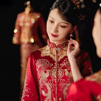 Naujas Kinų Stiliaus Išskirtinį Phoenix Siuvinėjimo Cheongsam, Nuotaka, Vestuvinė Suknelė, Elegantiškas Santuokos Qipao Kostiumas