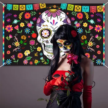 Naujosios Meksikos Mirusiųjų Dienos Fone Audinio Kaukolė Šokio Festivalis, Šalies Prekių Apdailos Kabo Vėliavos Durų Kabo Karnavalas