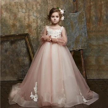 Nėriniai Tiulio Gėlių Mergaitės Suknelė Princesė Už Vestuves Grožio Konkurso Reljefiniai Ilgomis Rankovėmis Kamuolys Suknelės, Pirmosios Komunijos Suknelė