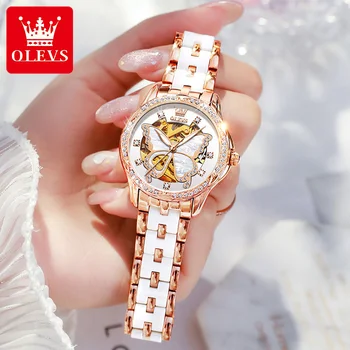 OLEVS Mechaninis laikrodis Moterims, Keramikos dirželis Originalus Laikrodis Skeletas Automatinis Riešo žiūrėti Diamond Elegantiškas Ponios Laikrodžiai