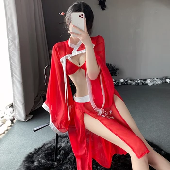 Panele Seksuali Kinijos Hanfu Nightdress Cosplay Kostiumų Sijonas Moteris Cheongsam Vienodas Matyti Per Akies Sekso Pižamą Nustatyti Lingerie Liemenėlę