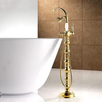 Prabangus Aukso Kieto žalvario, laisvai pastatomos vonios kambarys, vonia maišytuvas,Aukso grindų montuojamas vonios dušo maišytuvas voniai maišytuvas