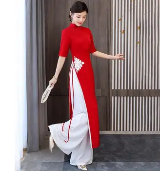 Raudona Vietnamas Ao dai Moterų Suknelė Vasaros Cheongsam Tiktų Būti Kelnes Derliaus Ilgai Stilius
