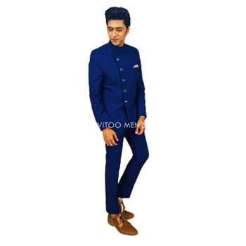 Royal Blue Arabų, Indijos Stiliaus Vyrų Kostiumai Slim Fit 2 Gabalas/Atsistoti Apykaklė Kailis &Kelnės/Vestuvių Geriausią Vyro Jaunikis Drabužių/Oficialus Vyrų Rinkinys