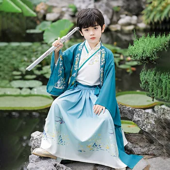 Senovės Kinų Stiliaus Mėlynos Spalvos Siuvinėjimo Hanfu Vinatge Vaikai Tradicinių Šokių Drabužiai Kostiumas Berniukui Cosplay Apranga