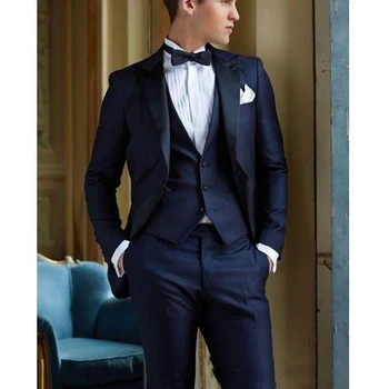 Speciali Tamsiai Mėlyna italijos Vestuvių Tuxedos Žmogui Slim Fit Jaunikis Dėvėti 3 Gabalus Kostiumai Švarkas Komplektas (Striukė, Liemenė+Kelnės+Kaklaraištis)