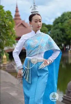 Tailando Tradicinių Drabužių Tailando Moterų Suknelė Mėlyna Naujo Derliaus Pavasario Etapas Rodyti