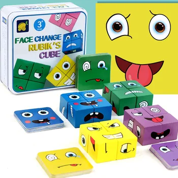 Vaikai Susiduria Pakeisti Žaidimo Žaislas Išraiška Dėlionės Blokai Montessori Kubo Stalo Žaidimas Vaikams, Mediniai Švietimo Sužinoti Emocijų