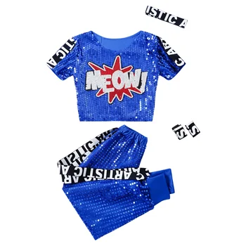 Vaikų Mergaičių Hip-Hop Šokių Drabužius Blizga Blizgučiai trumpomis Rankovėmis T-shirt Viršūnes Kelnes Lankelis Rankogaliai Komplektus Džiazo Šokių Drabužiai Streetwear