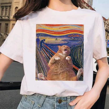 Vasarą Moterys T-Shirt Meno Aliejaus Tapybai Grotelės Spausdinti O-kaklo Naujas Mielas Atsitiktinis marškinėliai Harajuku Marškinėlius Juokinga Viršūnes Moterų Tee
