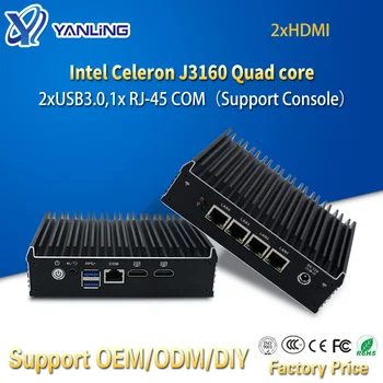 Yanling Intel Celeron J3160 Quad Core Ventiliatoriaus Mini PC 4 Gigabit LAN 2*HD pfSense Užkardos Aparatas AES-NI