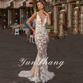 Yunshang Elegantiškas Undinė Vestuvių Suknelė 2023 Balta Nėrinių Atvira Nugara V-Kaklo Spageti Dirželis Nuotakos Suknelė Valymo Traukinio Vestido De Novia